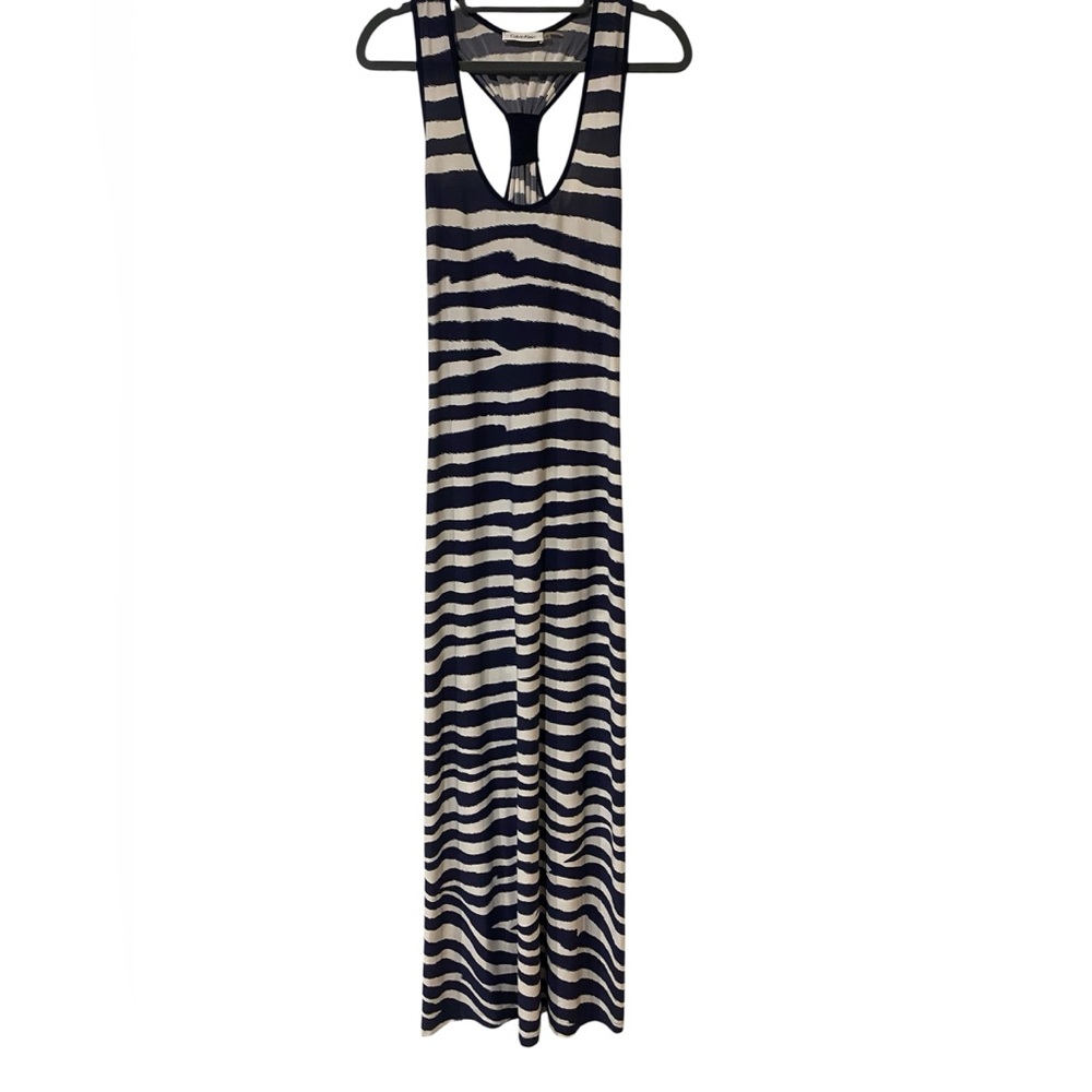 Calvin Klein Navy and Cream Striped Maxi Dress
